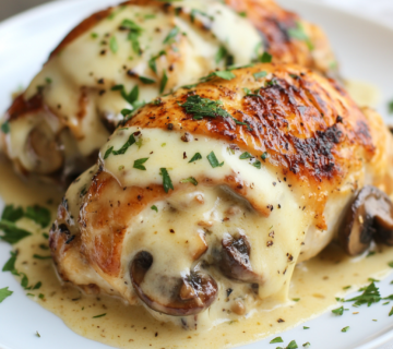 A plate of Texas Roadhouse Smothered Chicken featuring golden chicken breasts topped with melted cheese, sautéed mushrooms, and onions, served alongside mashed potatoes and steamed vegetables.