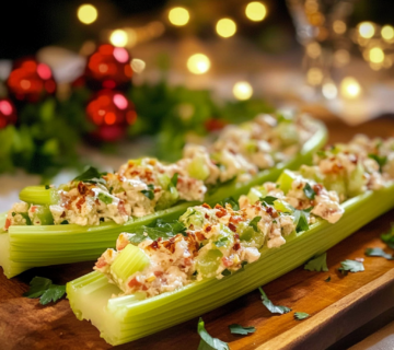 Stuffed celery sticks filled with creamy cheese, bacon, and herbs, garnished with paprika and fresh parsley, arranged on a white serving platter.