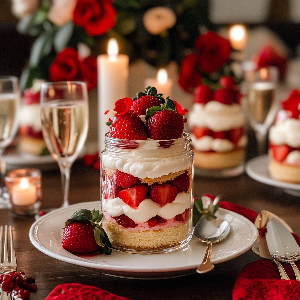 Individual Strawberry Shortcake Trifles layered with shortcake, juicy strawberries, and fluffy whipped cream in a clear glass, garnished with a fresh strawberry slice and mint sprig.