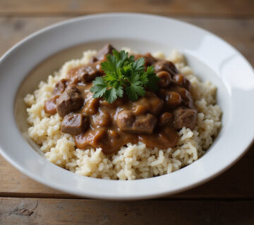 Delicioso strogonoff de carne servido sobre arroz branco, perfeito para o jantar.