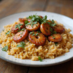 Arroz com Pequi e Castanhas finalizado, uma iguaria brasileira com pequi e castanhas.