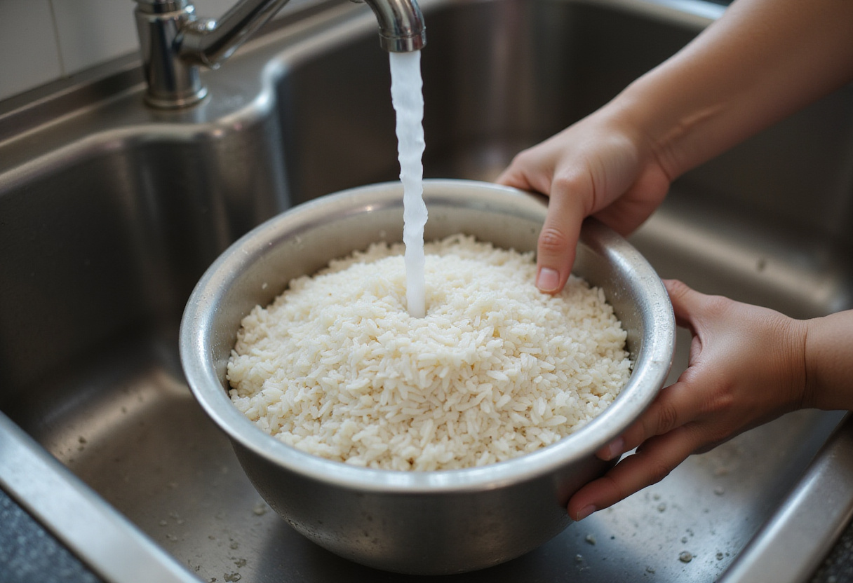 Lavando o arroz em água corrente para preparar Arroz com Pequi e Castanhas.