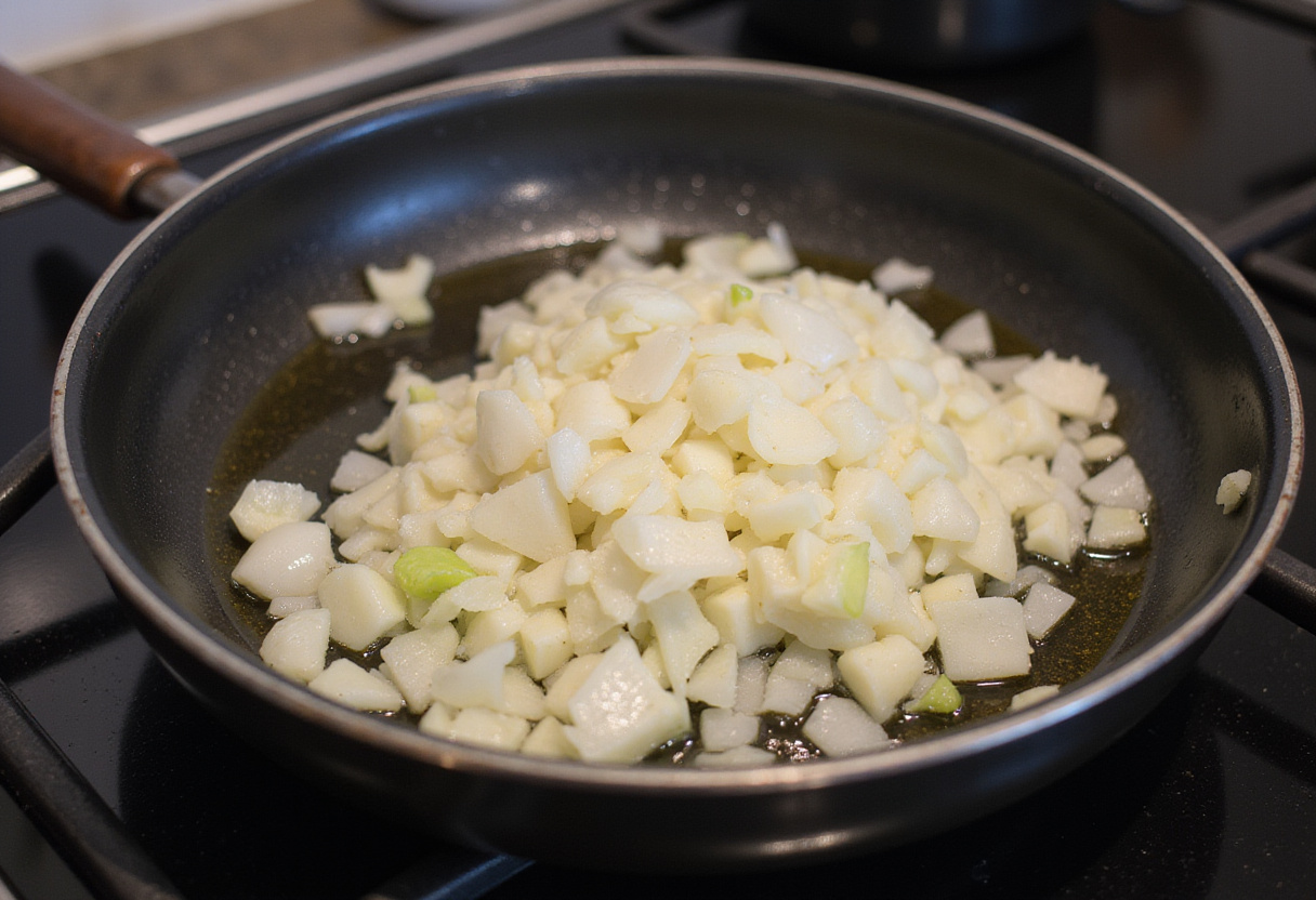 Refogando cebola e alho no azeite para a base do Arroz com Pequi.