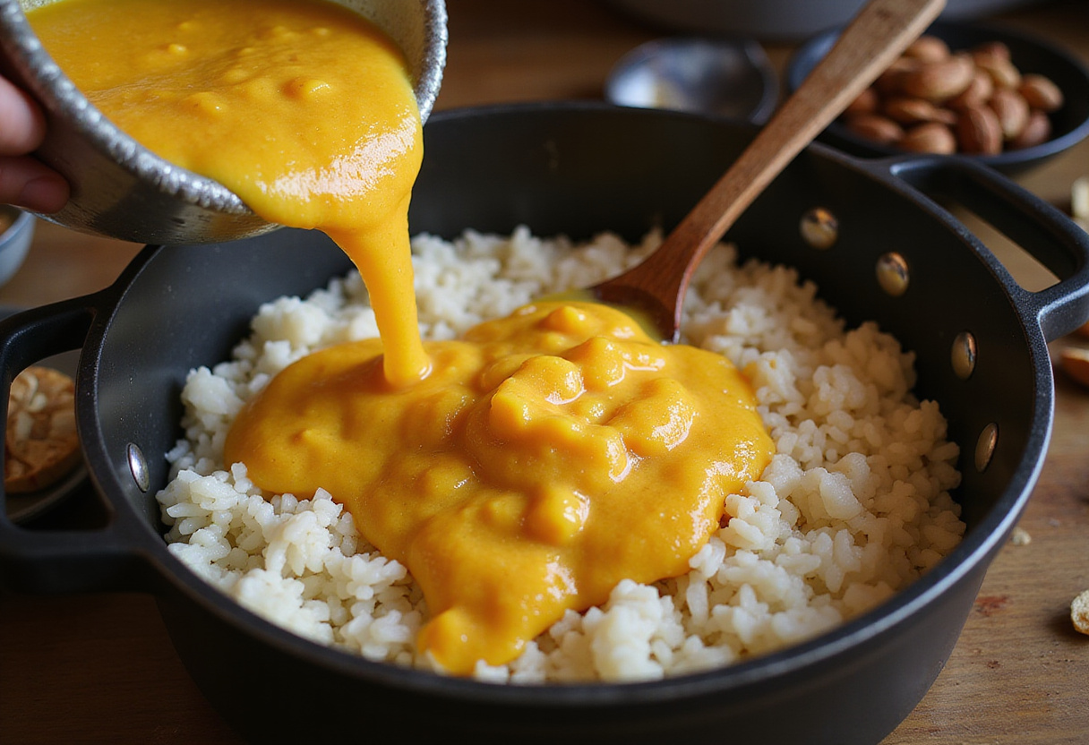 Adicionando polpa de pequi ao arroz cozido para realçar o sabor do Arroz com Pequi e Castanhas.