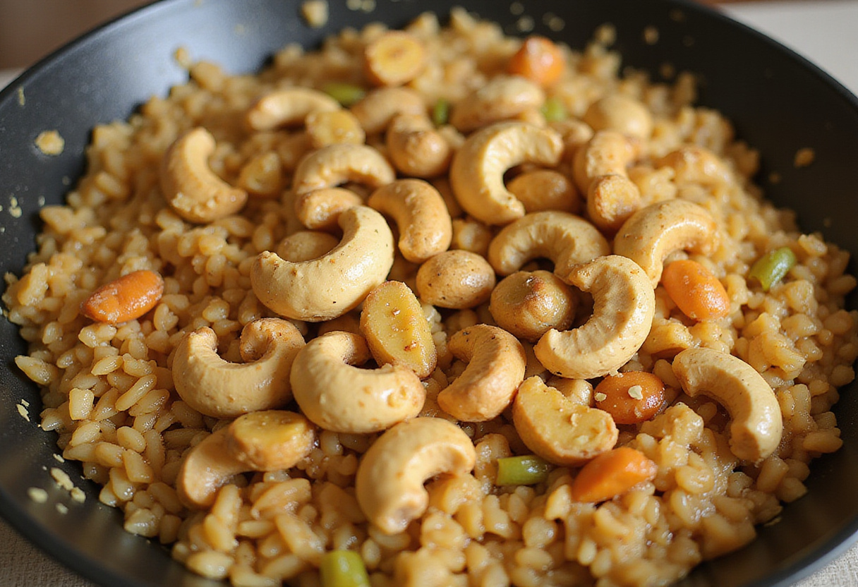 Misturando castanhas picadas ao Arroz com Pequi para adicionar crocância e sabor.