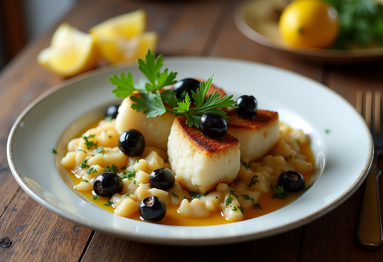 Prato finalizado de Bacalhau à Brás com azeitonas e salsa, pronto para servir.