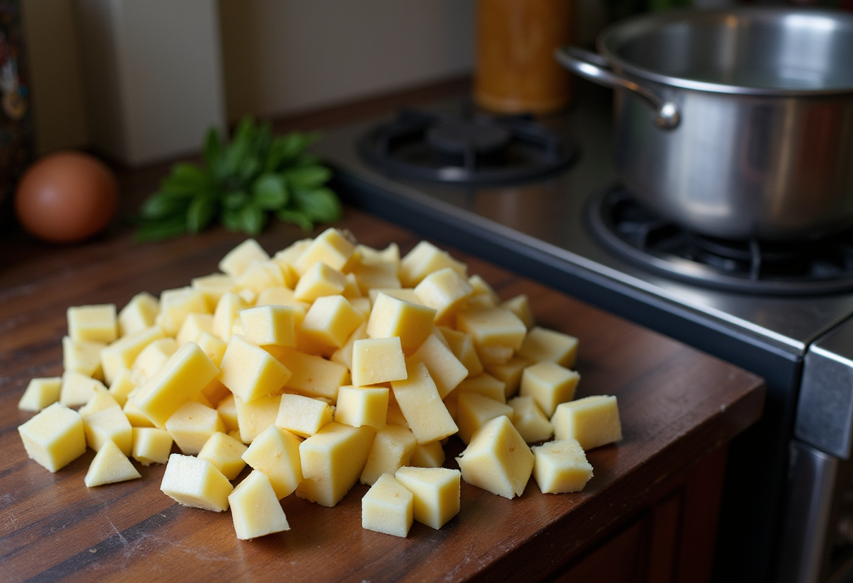 Cassava pieces peeled and chopped for making Bolo de Aipim Cremoso Diferente.