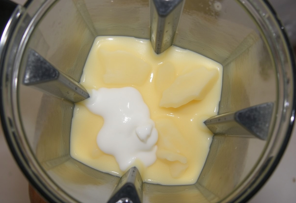Blender with boiled cassava, coconut milk, and condensed milk for Bolo de Aipim Cremoso Diferente.