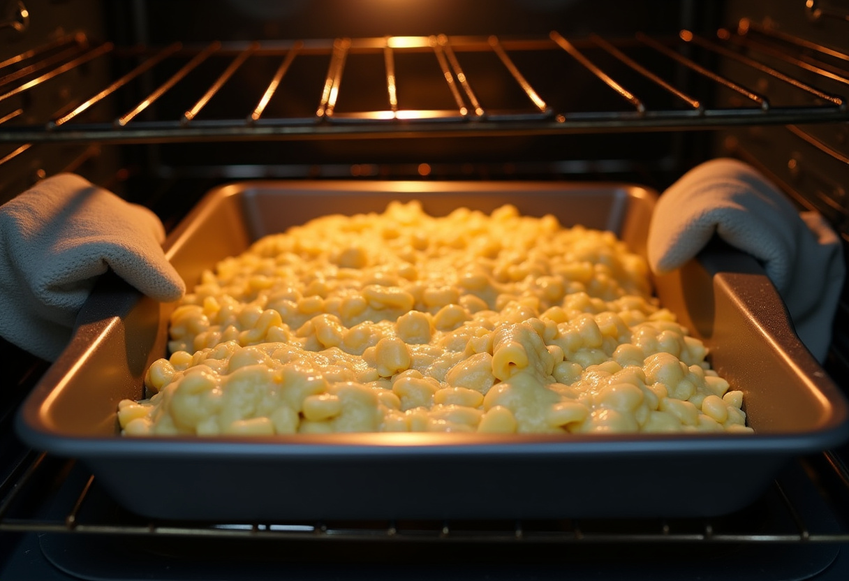 Baking pan with cassava mixture being placed in the oven for Bolo de Aipim Cremoso Diferente.