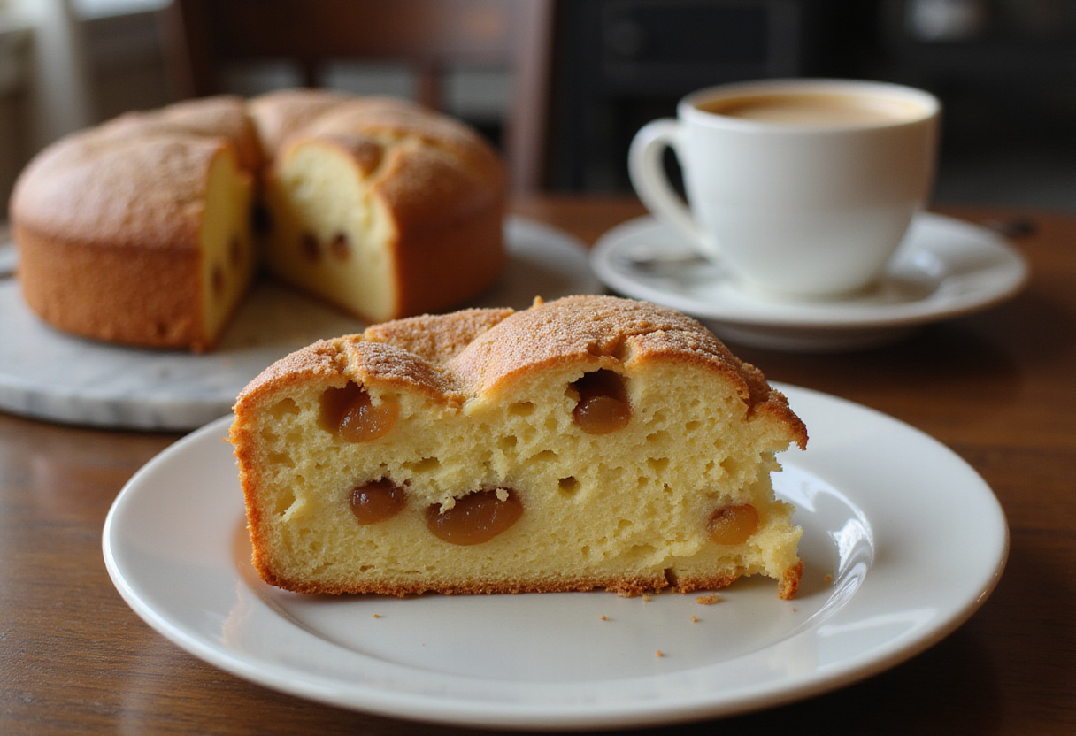 Deliciosa fatia de bolo de fubá com goiabada recém-assado, com textura macia e pedaços de goiabada derretida, servido com café.