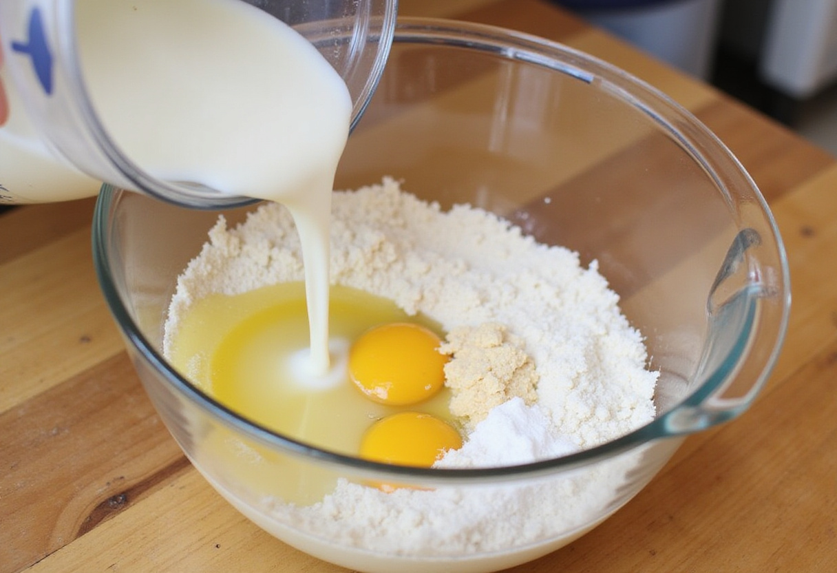 Mistura de ingredientes líquidos como leite, óleo e ovos sendo adicionada aos ingredientes secos para preparar a massa do bolo de fubá com goiabada.