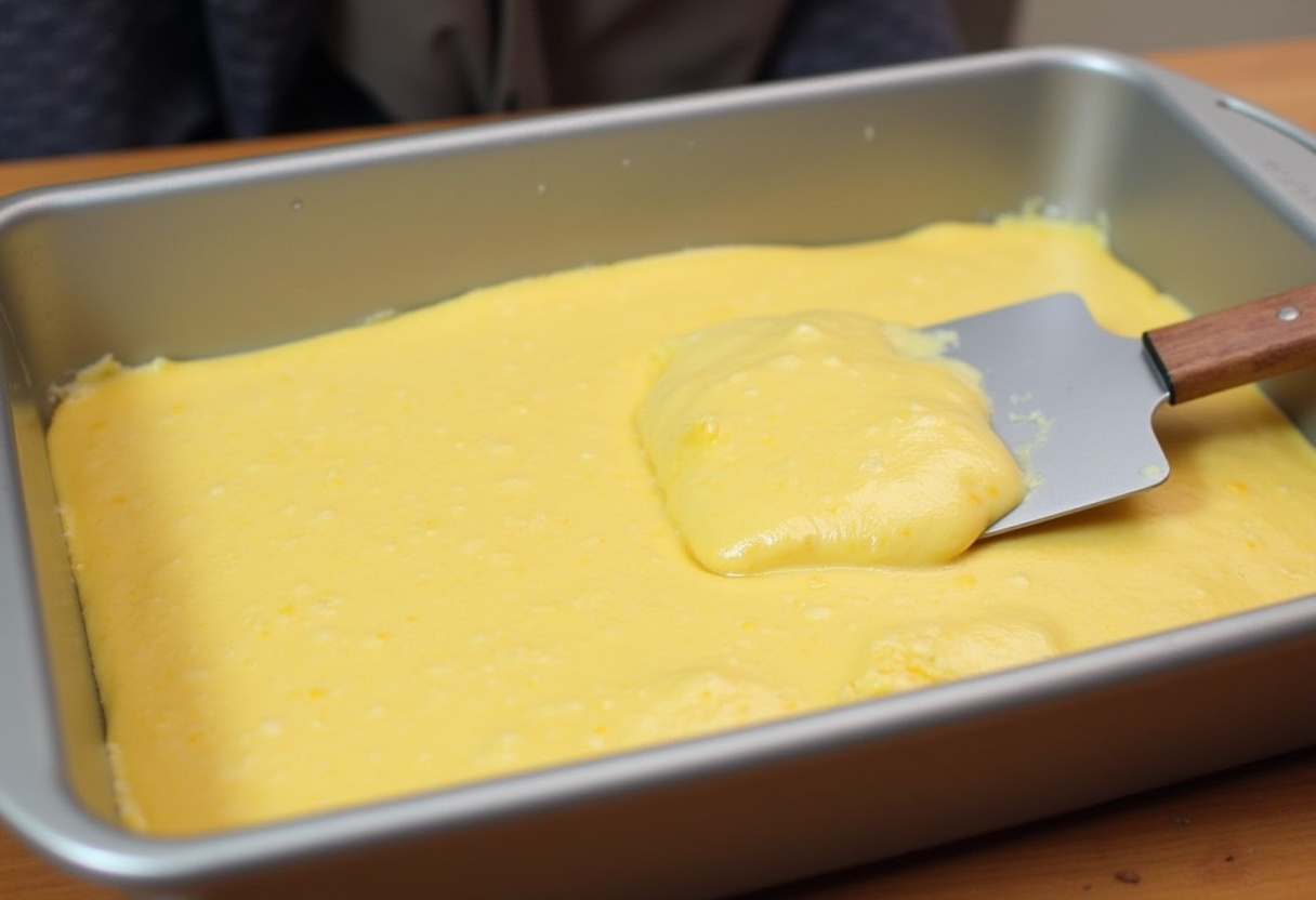 Assadeira untada recebendo a massa do bolo de milho cremoso.