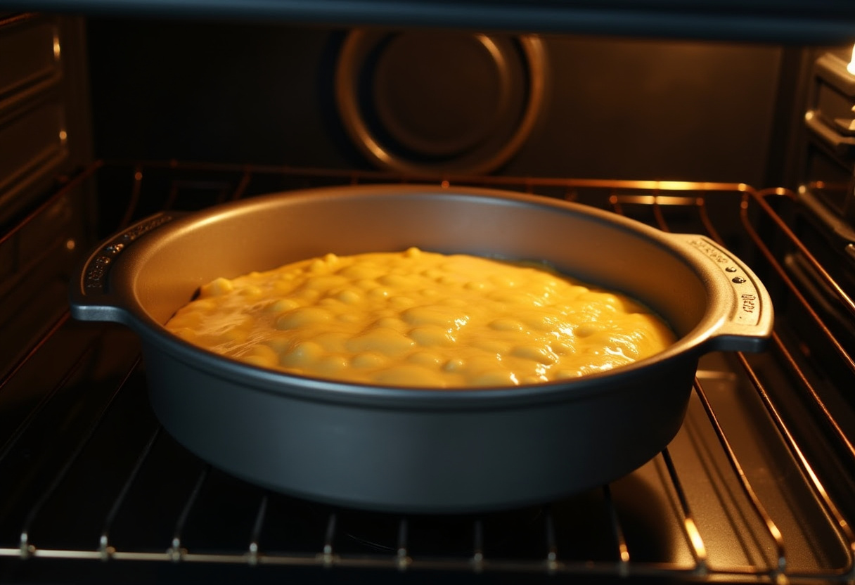 Assadeira com bolo de milho cremoso sendo colocada no forno.