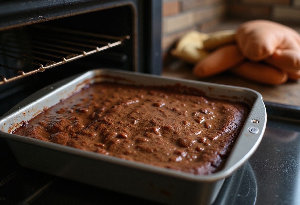 Forma com massa de brownie de açaí sendo colocada no forno pré-aquecido.