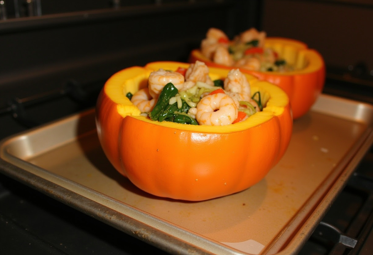 Pumpkin filled with shrimp mixture ready to bake for Camarão na Moranga.