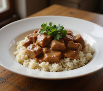 Delicious homemade Strogonoff de Carne served over rice, a perfect comfort food.