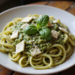 Molho pesto caseiro servido sobre massa fresca, decorado com queijo parmesão e folhas de manjericão, pronto para ser saboreado.