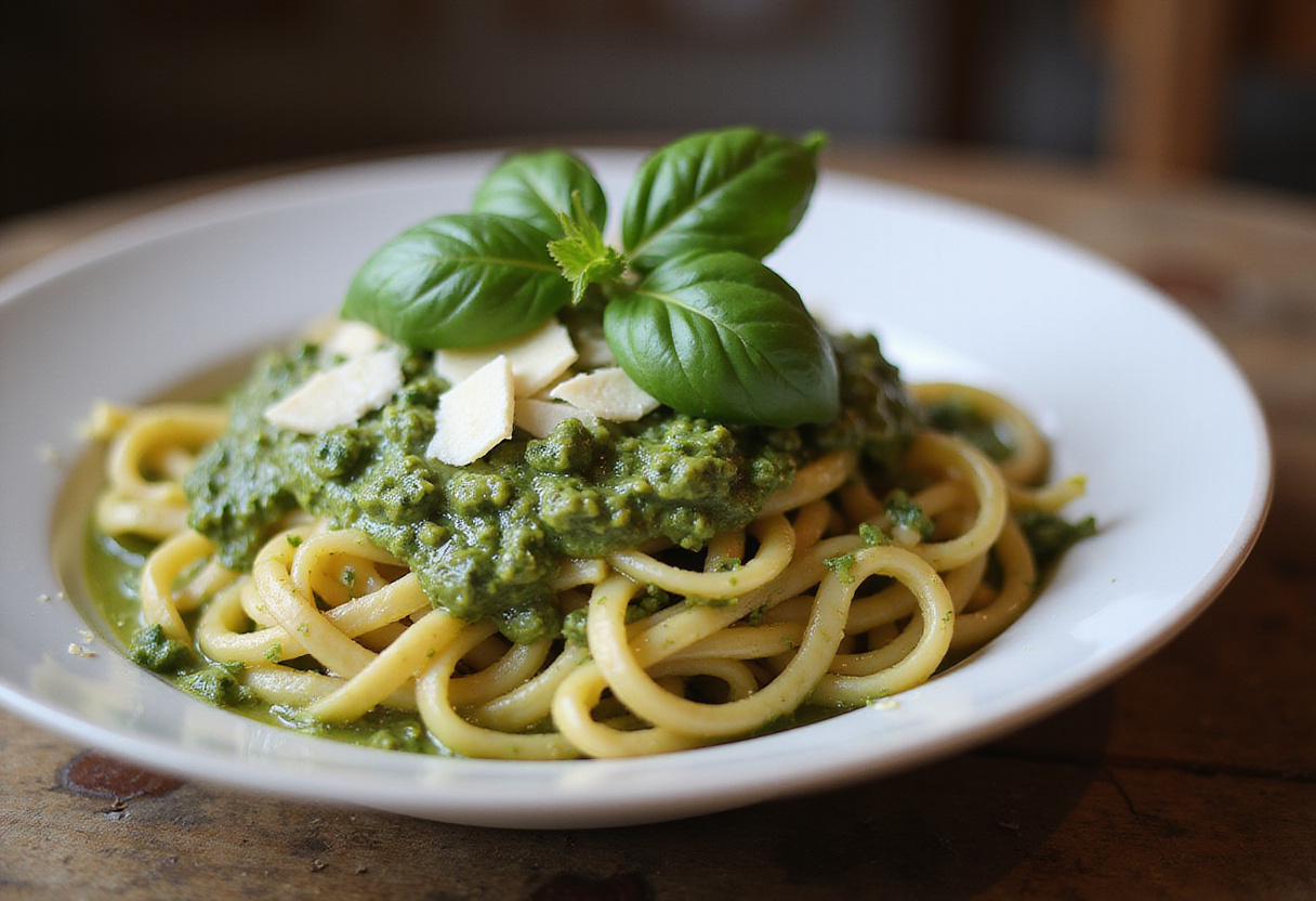 Molho pesto caseiro servido sobre massa fresca, decorado com queijo parmesão e folhas de manjericão, pronto para ser saboreado.