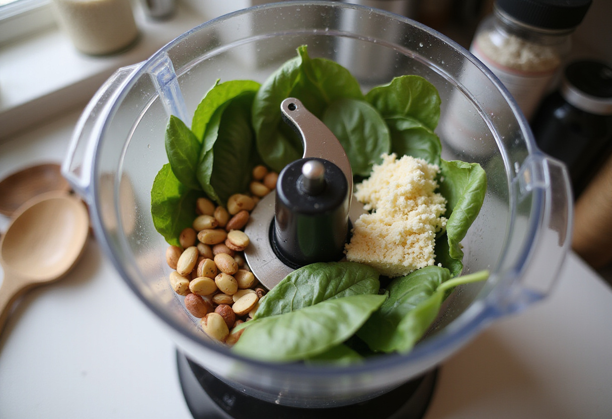 Ingredientes frescos no processador de alimentos para fazer molho pesto caseiro rápido e fácil.