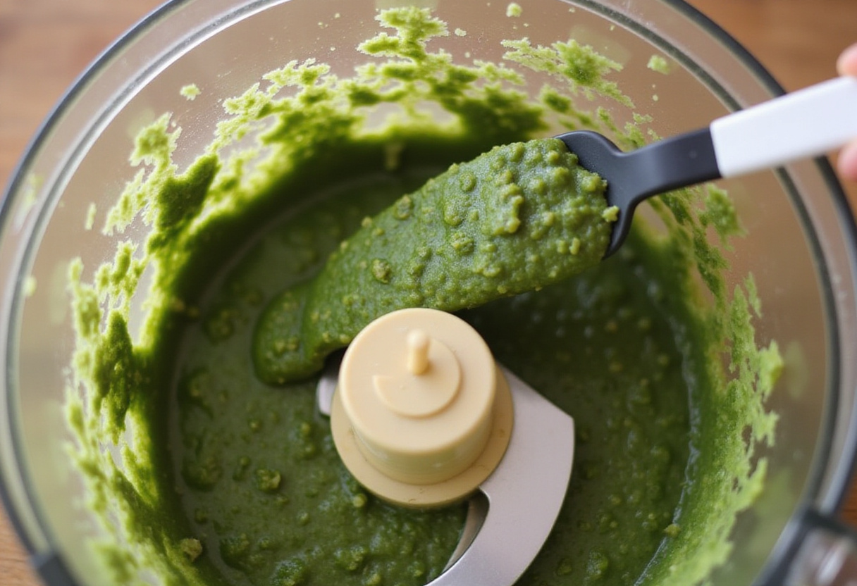 Usando uma espátula para garantir que todos os ingredientes estejam bem misturados no molho pesto caseiro.