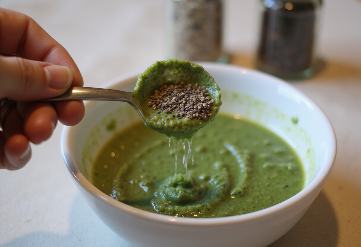 Temperando o molho pesto fresco com sal e pimenta para realçar os sabores.