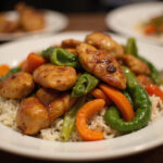 Prato final de peito de frango salteado com arroz, uma receita fácil e saborosa.
