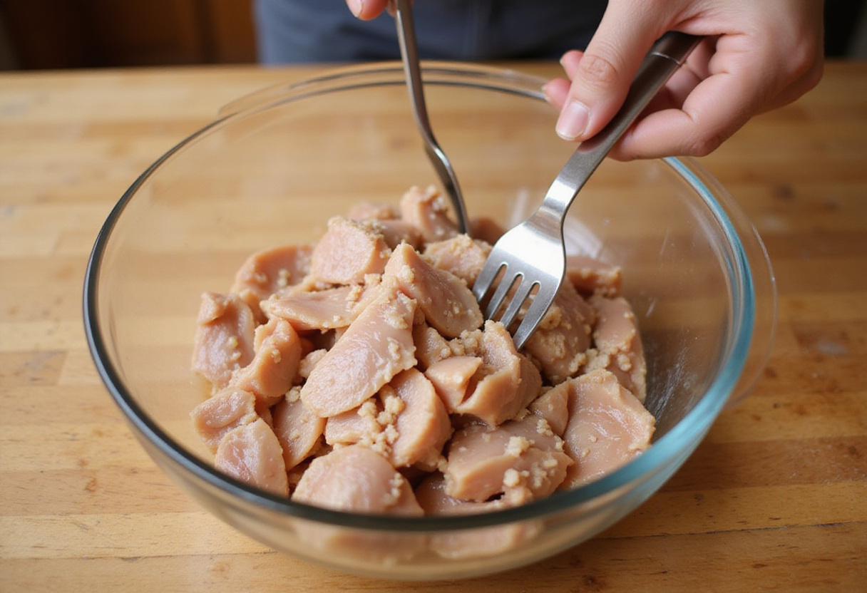 Frango sendo desfiado em uma tigela para preparar Fricassê de Frango.