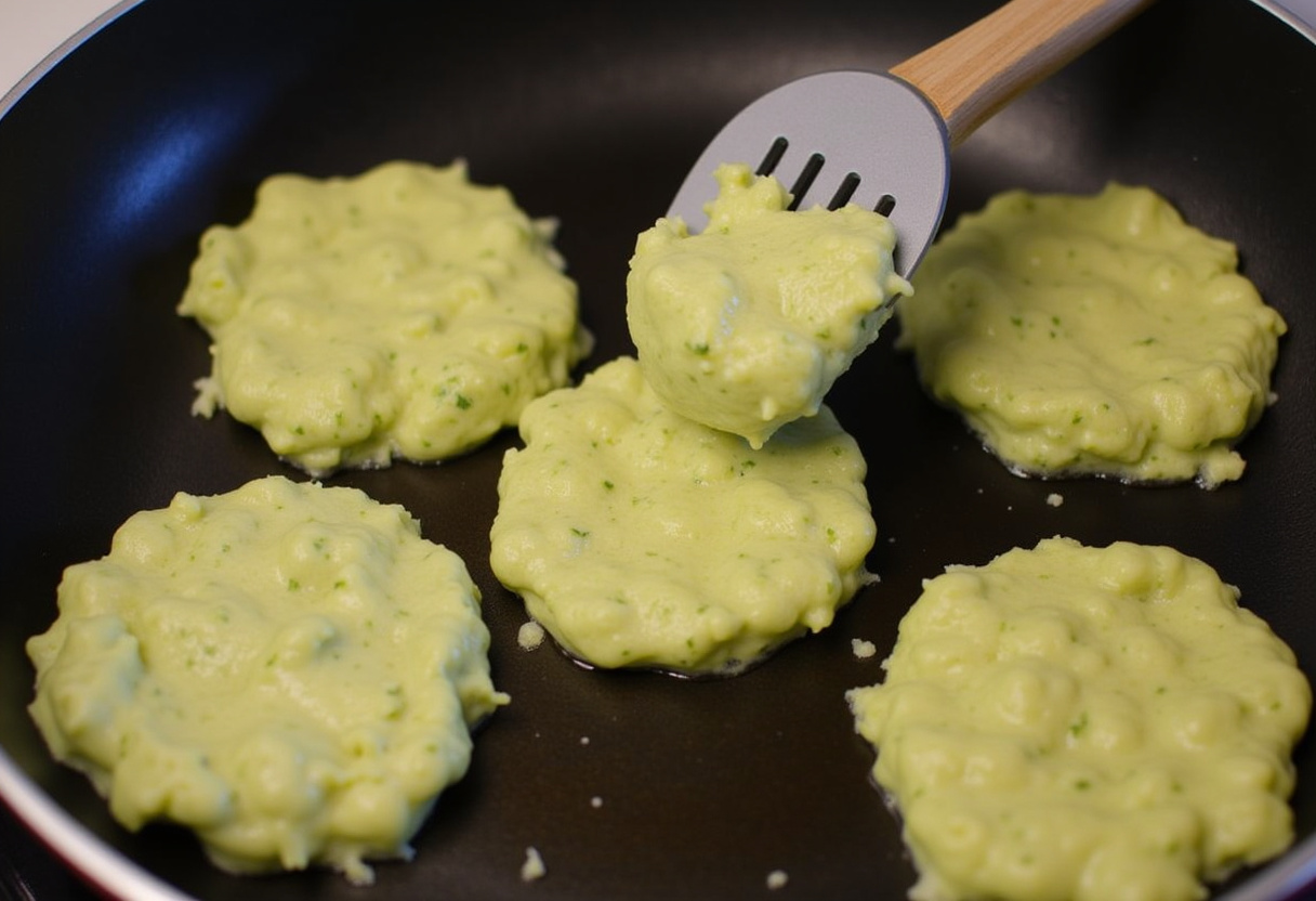Zucchini batter being shaped into patties and cooked in a skillet for Galettes de Abobrinha.