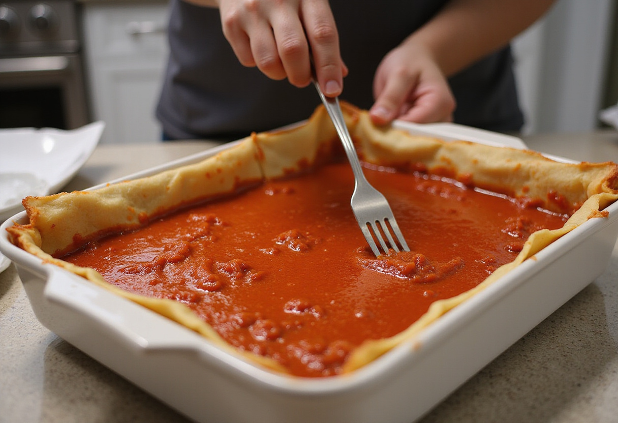 Molho de tomate sendo espalhado em uma assadeira para preparar lasanha à bolonhesa.