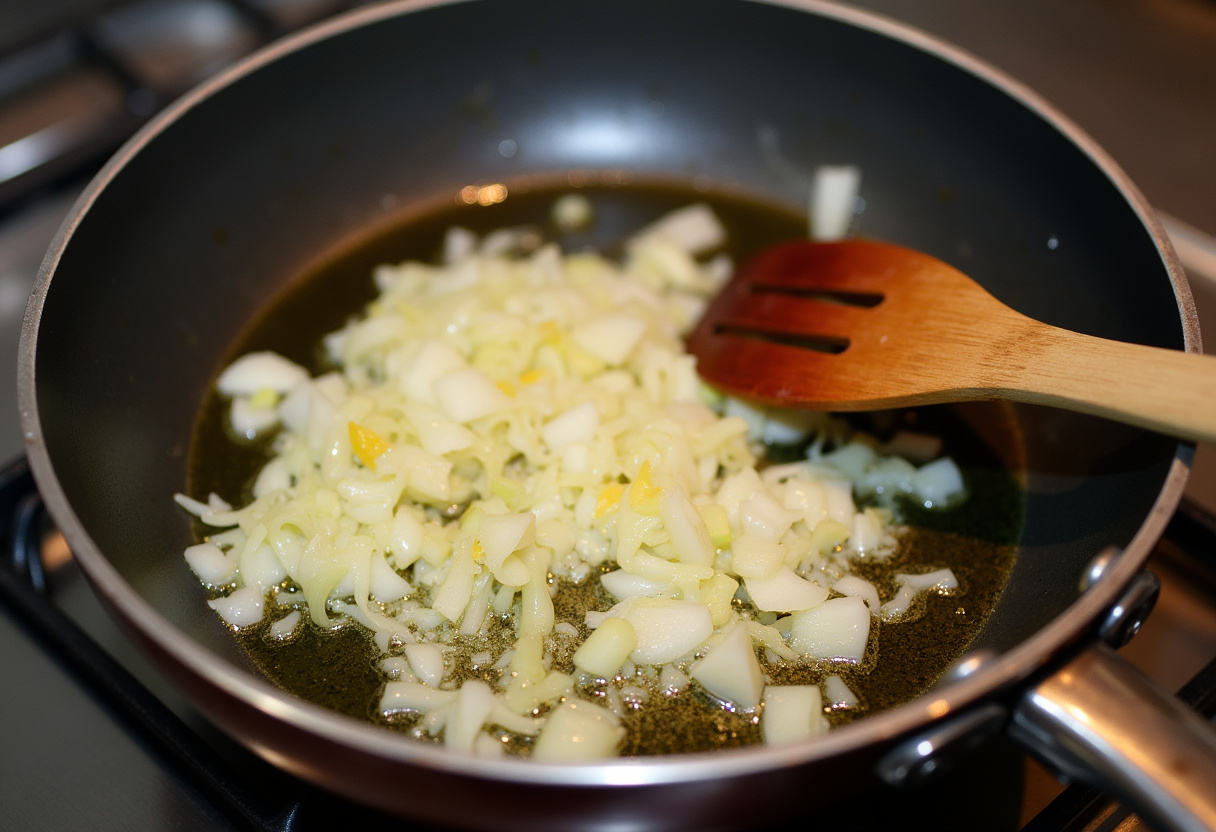Cebola e alho sendo refogados em azeite para o molho da Lasanha de Bacalhau