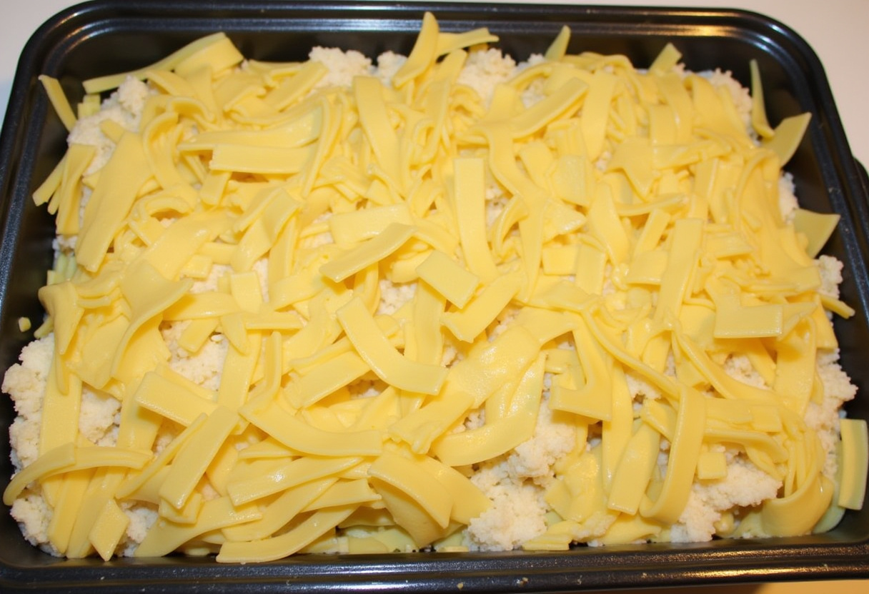 Camadas de massa, bacalhau e molho branco sendo montadas na forma de Lasanha de Bacalhau