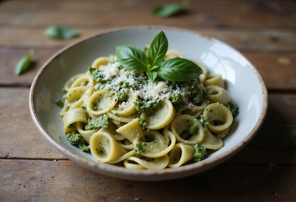 Tigela de Molho Pesto fresco servido com massa, perfeito para uma refeição deliciosa.
