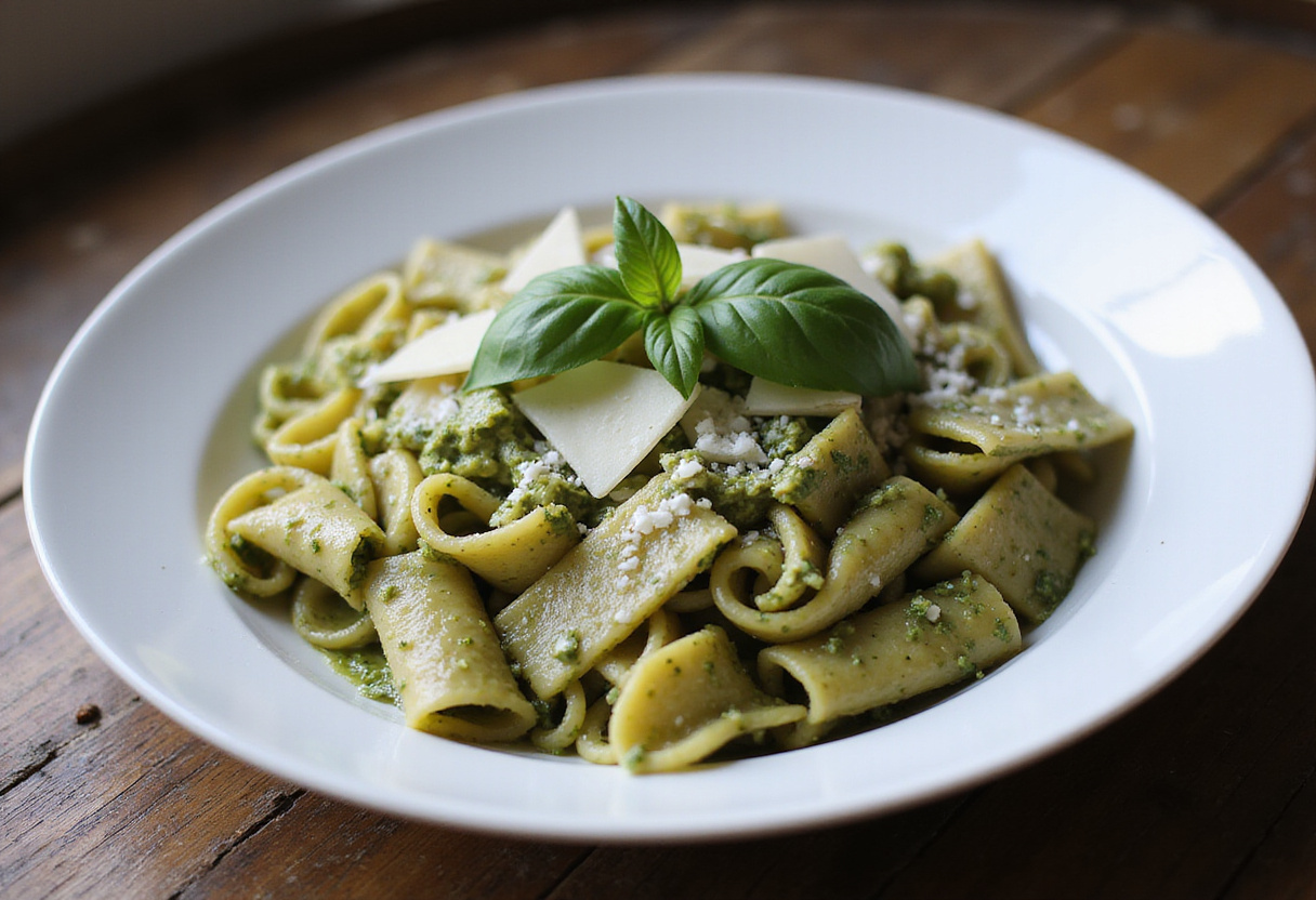 Prato de massa fresca com molho pesto caseiro e parmesão ralado, receita com um toque especial.