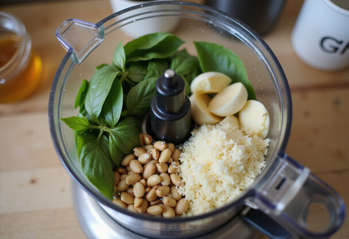 Ingredientes frescos para preparar molho pesto caseiro em processador de alimentos.