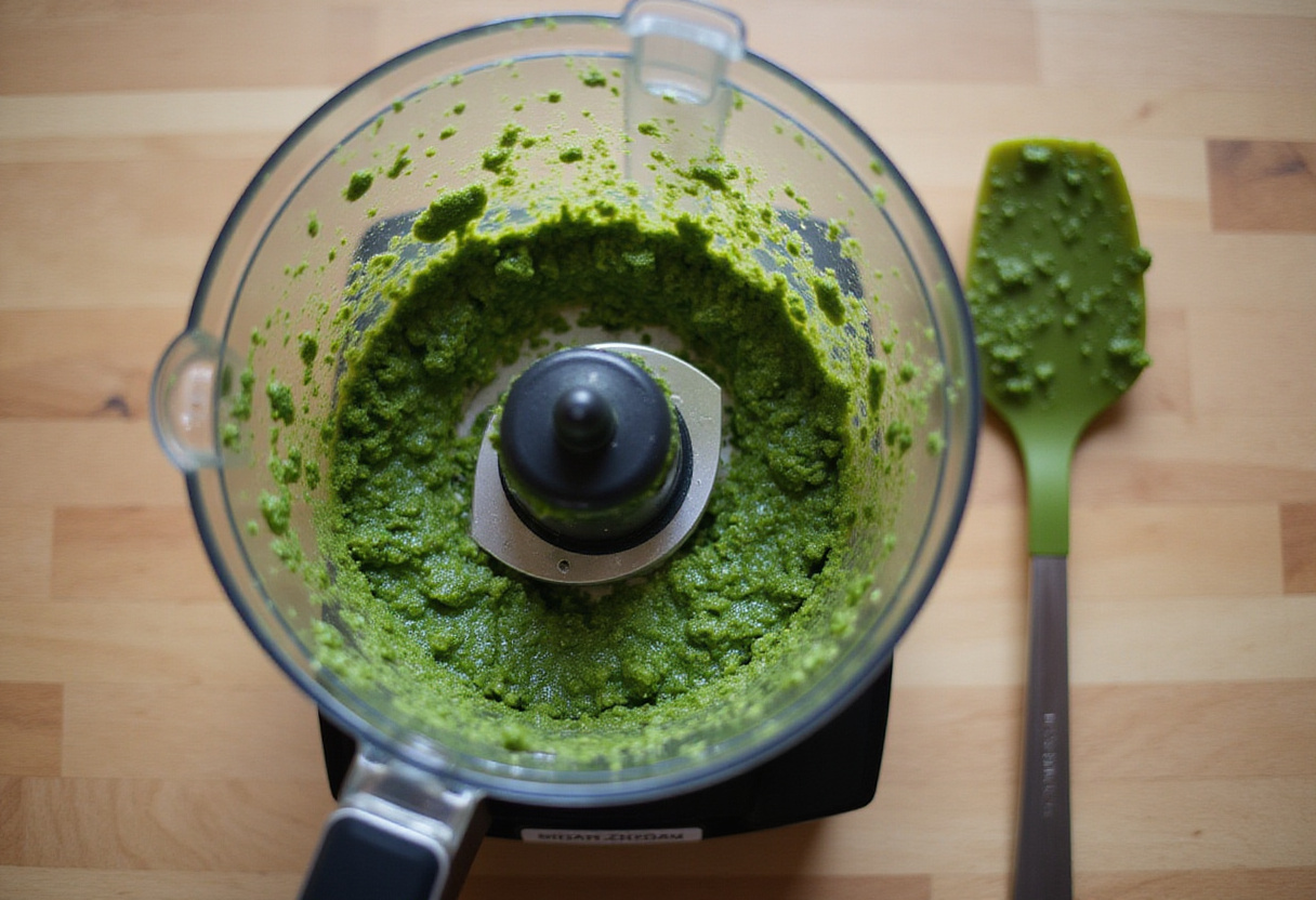 Processando ingredientes para criar um autêntico molho pesto verde vibrante.