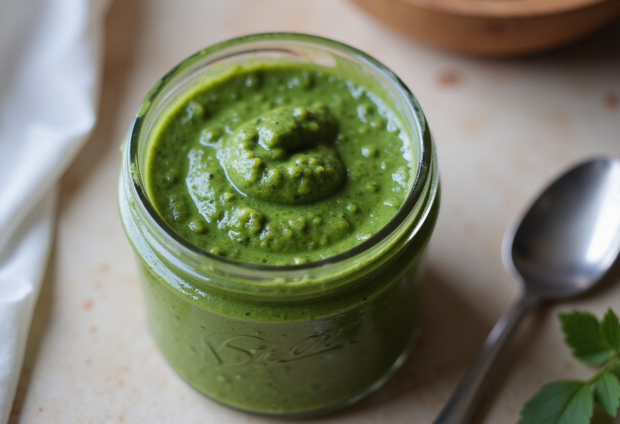Armazenando molho pesto caseiro em um pote de vidro para melhor conservação.