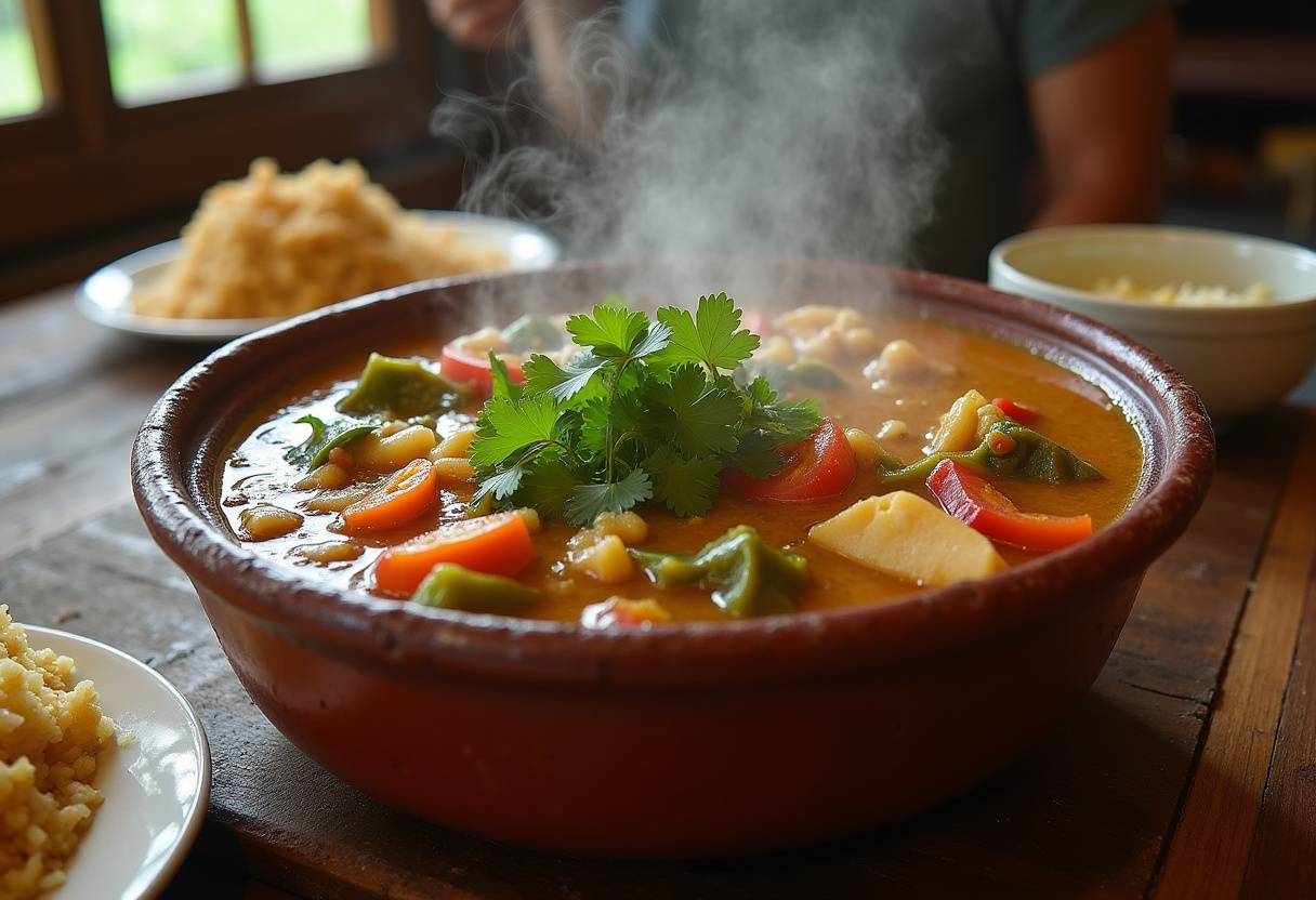 Moqueca Baiana pronta servida em panela de barro tradicional, com coentro fresco e acompanhamentos