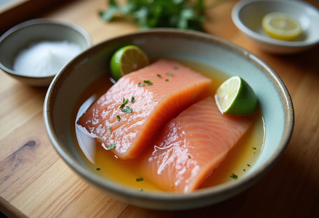Postas de peixe sendo marinadas em suco de limão e alho para a Moqueca Baiana
