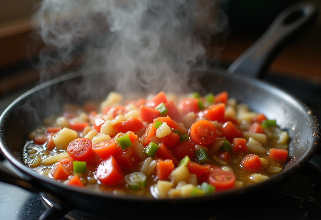 Legumes sendo refogados em azeite de dendê para a base da moqueca