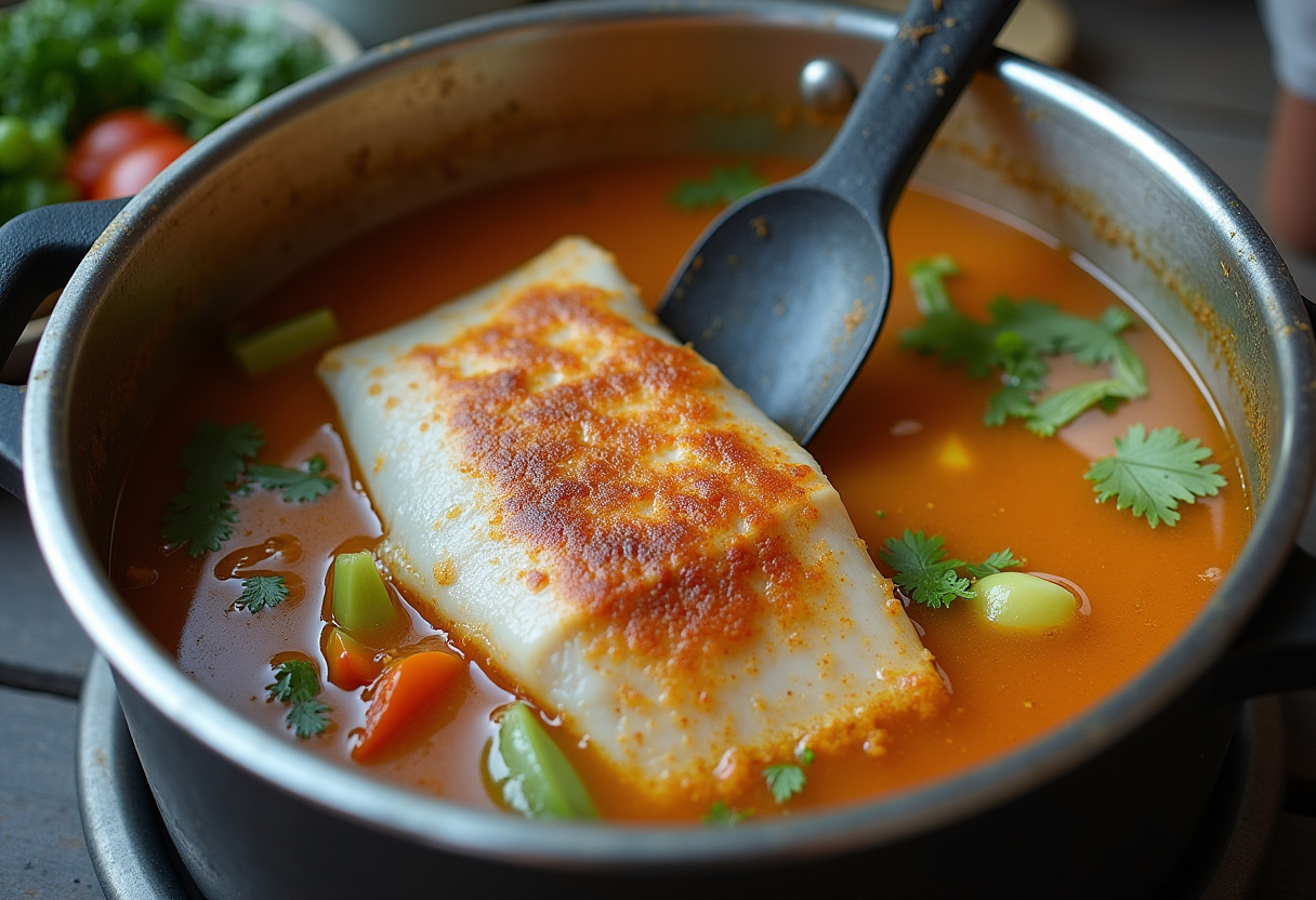 Postas de peixe sendo colocadas no caldo da moqueca para cozinhar