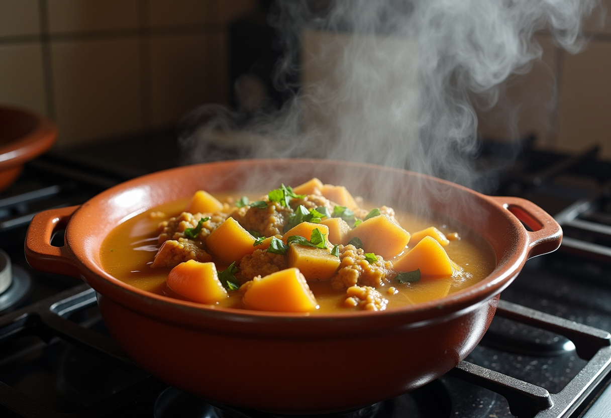 Moqueca Capixaba cozinhando lentamente na panela de barro, quase pronta para servir.