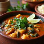 Moqueca de Peixe pronta, servida em panela de barro com arroz e farofa, decorada com coentro e limão.