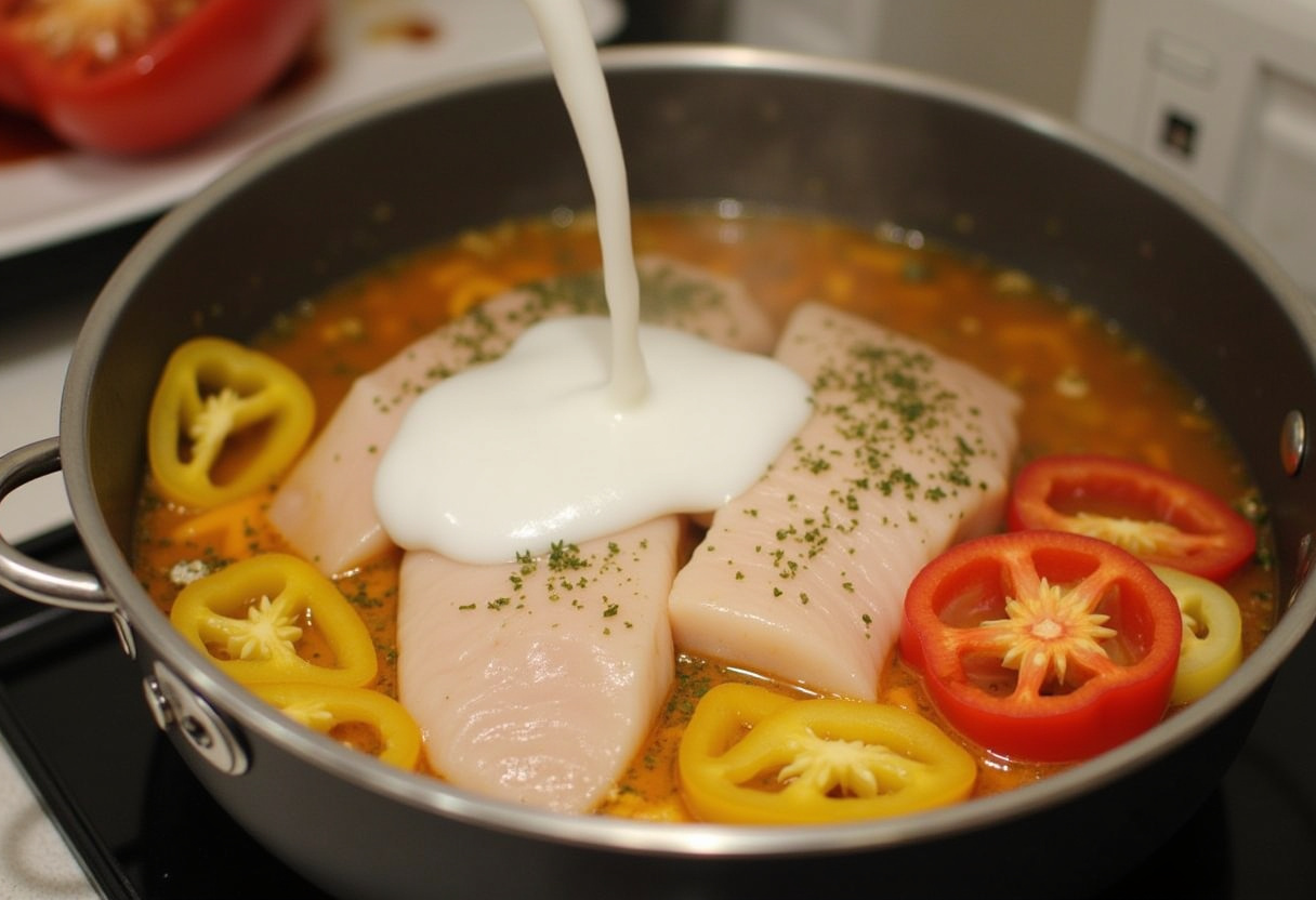 Filés de peixe sendo colocados na panela com pimentões e leite de coco para Moqueca de Peixe.