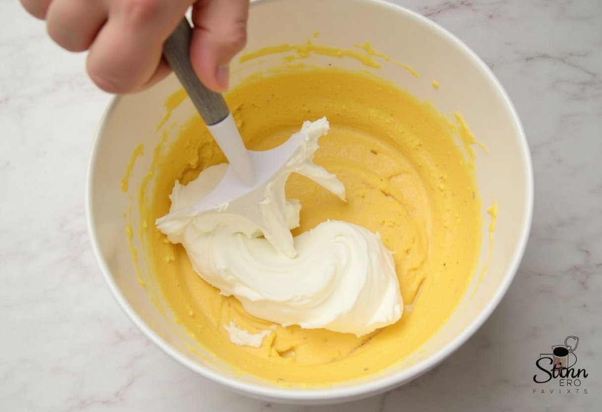 Creme sendo incorporado à mistura de maracujá para Mousse de Maracujá