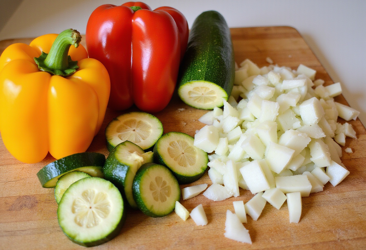Vegetais frescos picados dispostos em uma tábua de corte, prontos para a melhor receita vegetariana.