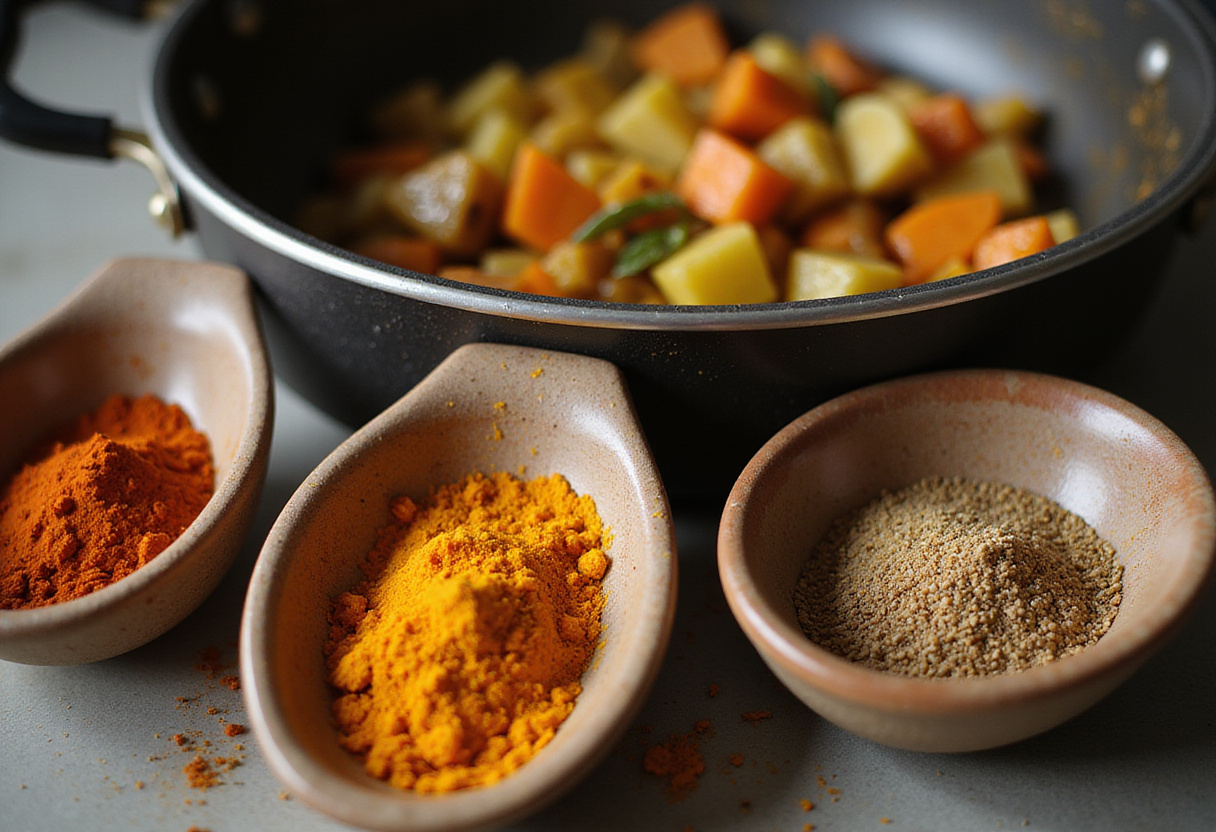 Especiarias prontas para adicionar sabor à receita vegetariana, criando um prato delicioso.
