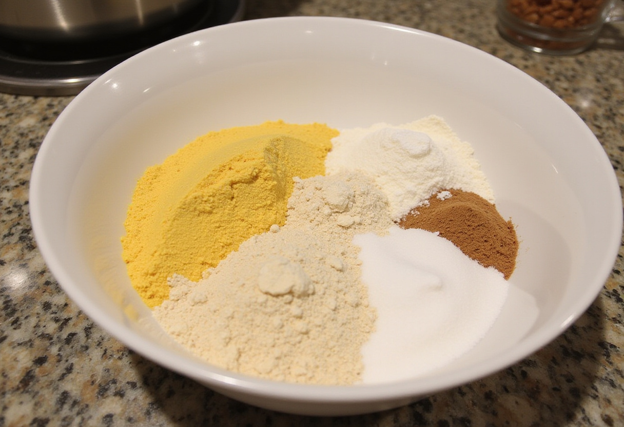 Ingredientes secos para bolo de fubá cremoso, incluindo fubá, farinha e açúcar.