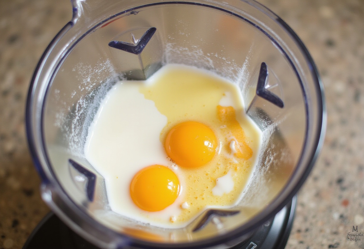 Leite, ovos, óleo e queijo sendo batidos para bolo de fubá cremoso.