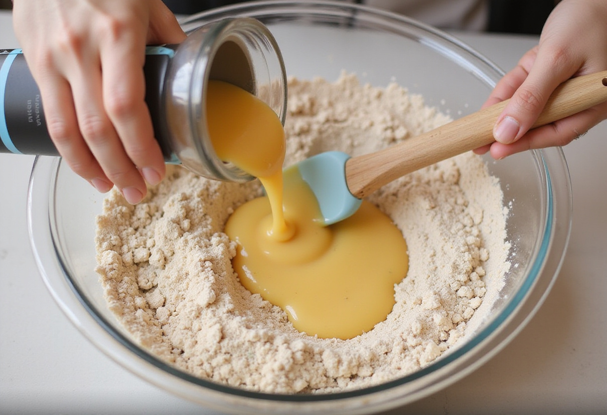 Ingredientes molhados sendo adicionados aos ingredientes secos para bolo de fubá.