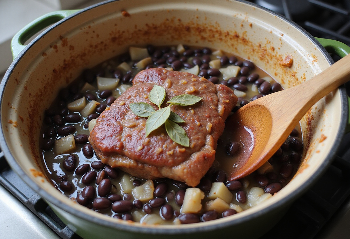 Feijão preto, cebola picada, e louro cozinhando em uma panela para a melhor receita de feijoada.